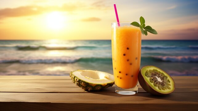A bubbly passion fruit juice in a glass, a surfboard leaning on the table, the vast ocean in the background.