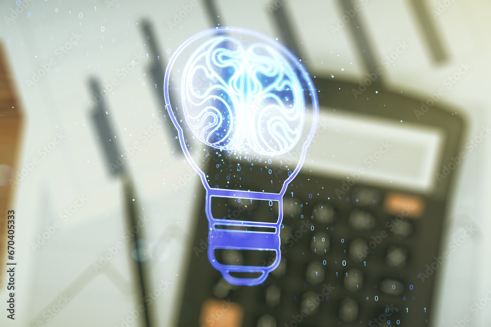 Poster double exposure of abstract virtual creative light bulb hologram with human brain on blurry calculat