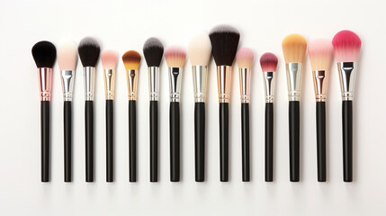 Makeup brushes arranged on white background
