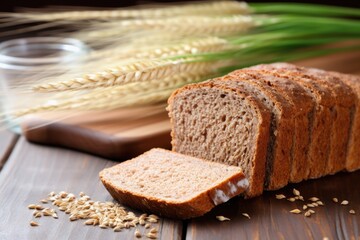 freshly baked sprouted grain bread next to wheat stems