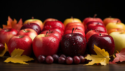 Dew-kissed apples and a bunch of glossy grapes lie amidst autumn leaves, set against a dark background, evoking a crisp fall ambiance.