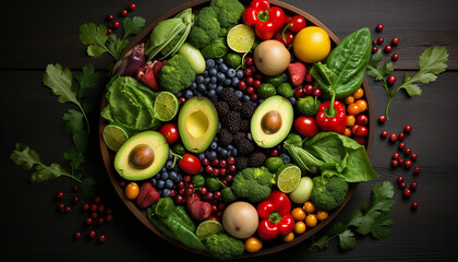 A lavish spread of fresh fruits and vegetables, from halved avocados to vibrant berries, artfully arranged in a wooden bowl on a dark backdrop.