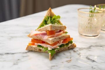 fancy triangle-cut sandwich on a marble table