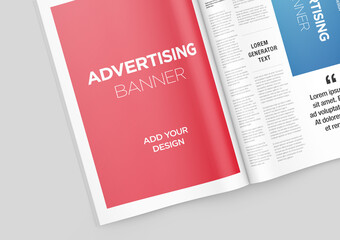 Newspaper Advertising Banner on Magazine, Brochure Mockup 3D Rendering