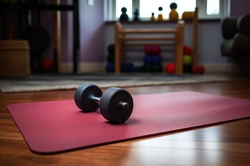 a yoga mat and dumbbells on a home floor