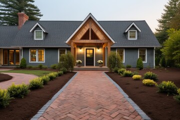 farmhouse with a brick walkway leading to a gabled entry - obrazy, fototapety, plakaty
