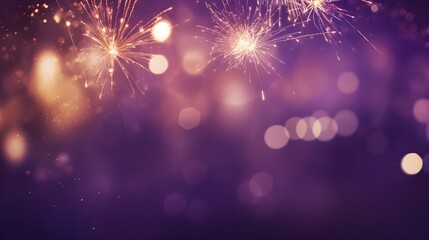 Purple Bokeh lights, blurry, Fireworks glitter Landscape background with copy space, New year holiday theme, count down