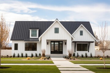 modern farmhouse with a white painted gabled front entry