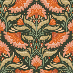 Vector decorative seamless pattern with geometric flowers in pastel colors. Folk art texture with symmetrical floral ornaments with foliage