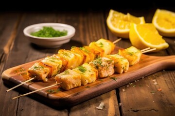 marlin skewers with pineapple chunks on a wood plank