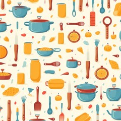 Cooking tools pattern background, flat color illustration, AI generated Image