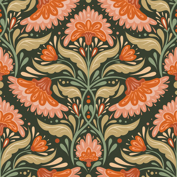 Vector decorative seamless pattern with geometric flowers in pastel colors. Folk art texture with symmetrical floral ornaments with foliage
