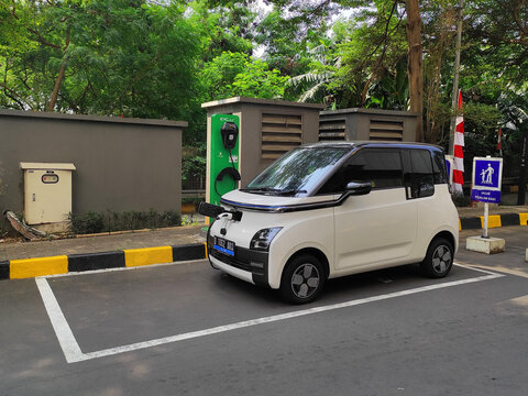 Electric car charging station in jakarta, indonesia on August 2023.
