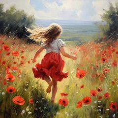 Gordijnen illustration of a little girl runs through a field with poppies view, Generative ai © rajesh