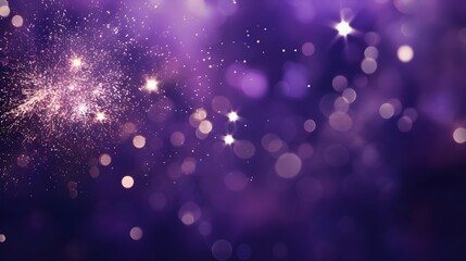 Fototapeta na wymiar Purple Bokeh lights, blurry, Fireworks glitter Landscape background with copy space, New year holiday theme, count down