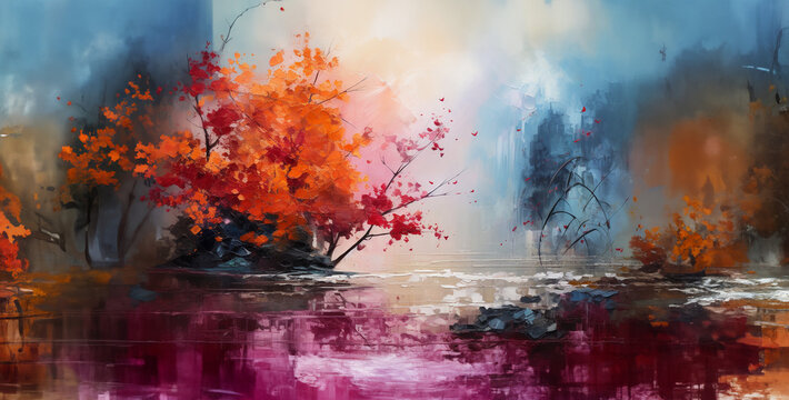a surreal fall scene surrealism abstract oil paint