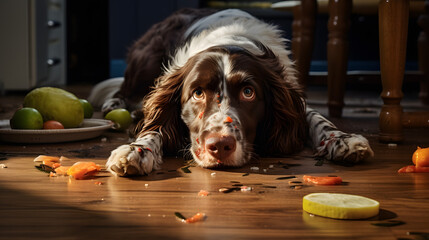 Mischievous Dog Caught in the Act Amidst a Kitchen Mess.