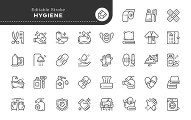 Hygiene icon in outline linear style. Hygienic protective equipment. Personal intimate hygiene. Vector set of conceptual web icons for applications, websites. Pictogram collection. - obrazy, fototapety, plakaty
