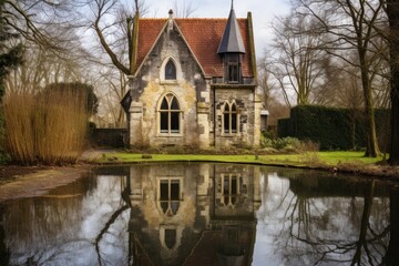 Fototapeta na wymiar reflection of a gothic revival building with stone facade in a pond
