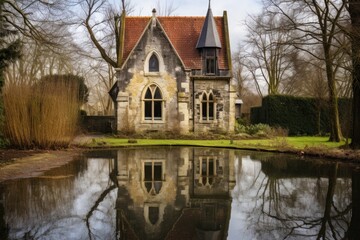 Fototapeta premium reflection of a gothic revival building with stone facade in a pond