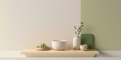 Pottery tableware on wooden platform on the counter against half light green half cream white background. Created with Generative AI technology