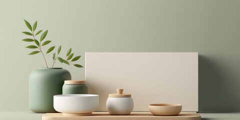Fototapeta na wymiar Pottery bowls and containers sitting on wooden tray with plants and white blank board in the back on light green background. Created with Generative AI technology