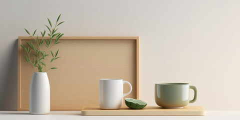 Fototapeta na wymiar Cups and plant in vase on clean white table with wooden tray. Created with Generative AI technology
