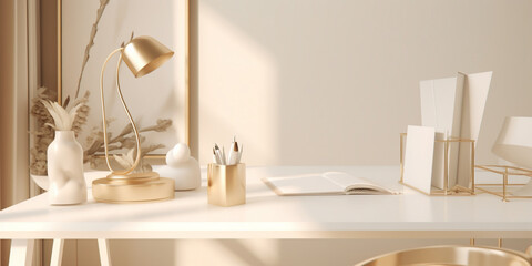 White desk with golden lamp, paper, vase and golden stationary supplies in white elegant room. Created with Generative AI technology