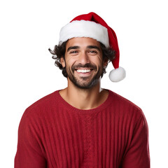 latin man in a Santa cap hat and a Christmas sweater isolated on a white transparent background