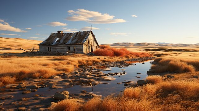 Depict a creepy desolate farmhouse with shadows