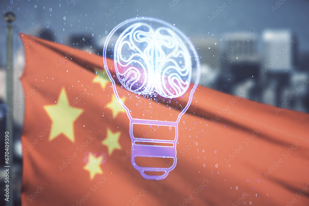 Aufkleber abstract virtual idea concept with light bulb and human brain illustration on chinese flag and city 