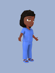 Dark-skinned female character in blue nursing assistant uniform. 3d rendering