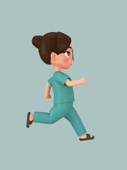 A female character ties her hair into a bun in a green nursing assistant uniform. 3d illustration