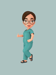 A female character ties her hair into a bun in a green nursing assistant uniform. 3d illustration