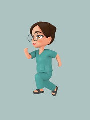A female character ties her hair into a bun in a green nursing assistant uniform. 3d illustration