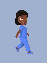 Dark-skinned female character in blue nursing assistant uniform. 3d rendering