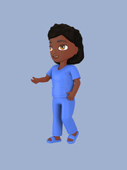 Dark-skinned female character in blue nursing assistant uniform. 3d rendering
