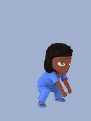 Dark-skinned female character in blue nursing assistant uniform. 3d rendering