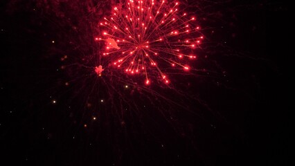 Firework exploding crowns with shimmering traces and sparks in black sky