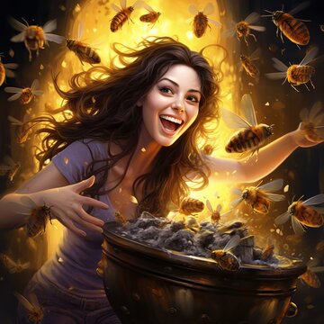 illustration of A woman with a honeypot in her hands and honeybees, Generative ai