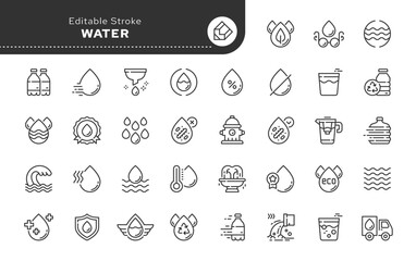 Water, water drop, balance, eco friendly natural clean water. Line icon set. Web icons in linear style for mobile application and web site. Outline pictogram.