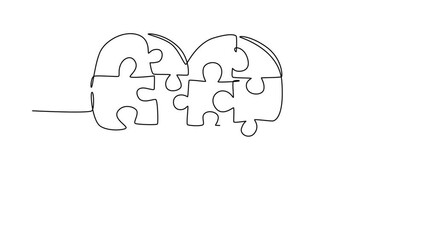 Animated self drawing of continuous line draw of set puzzle pieces put it together to cute heart or love shape form symbol. Romantic marriage love relationship concept. Full length one line animation
