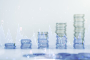 Double exposure of abstract virtual statistics data hologram on growing stacks of coins background, statistics and analytics concept