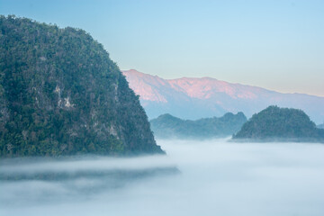 Aerial view of flowing fog  on mountain tropical rainforest in the morning