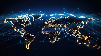 World map on black background. World connectivity, global network concept and global electricity, abstract.