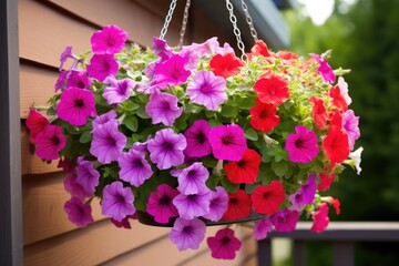 a hanging basket filled with bright petunias