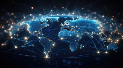 World connectivity and global networking concept. Neon lines and world map on black background.