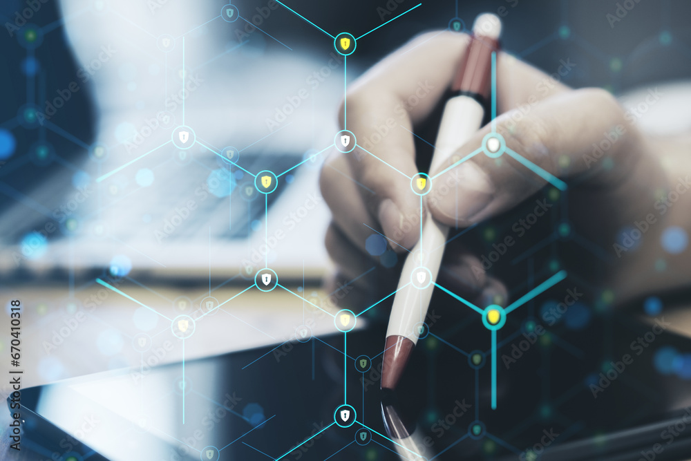 Poster Close up of male hand using tablet with digital pencil and creative glowing hexagonal pattern with tiny padlocks on blurry background. Digital security and firewall concept. Double exposure.