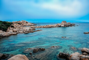 Scenic view of a rocky coastal scene in Sardegna, Italy.