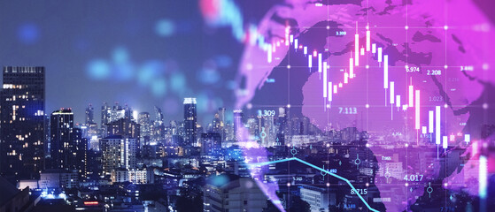 Obraz premium Creative glowing downward candlestick forex chart on blurry wide night city buildings and map background. Crisis, financial loss and real estate market crash concept. Double exposure.